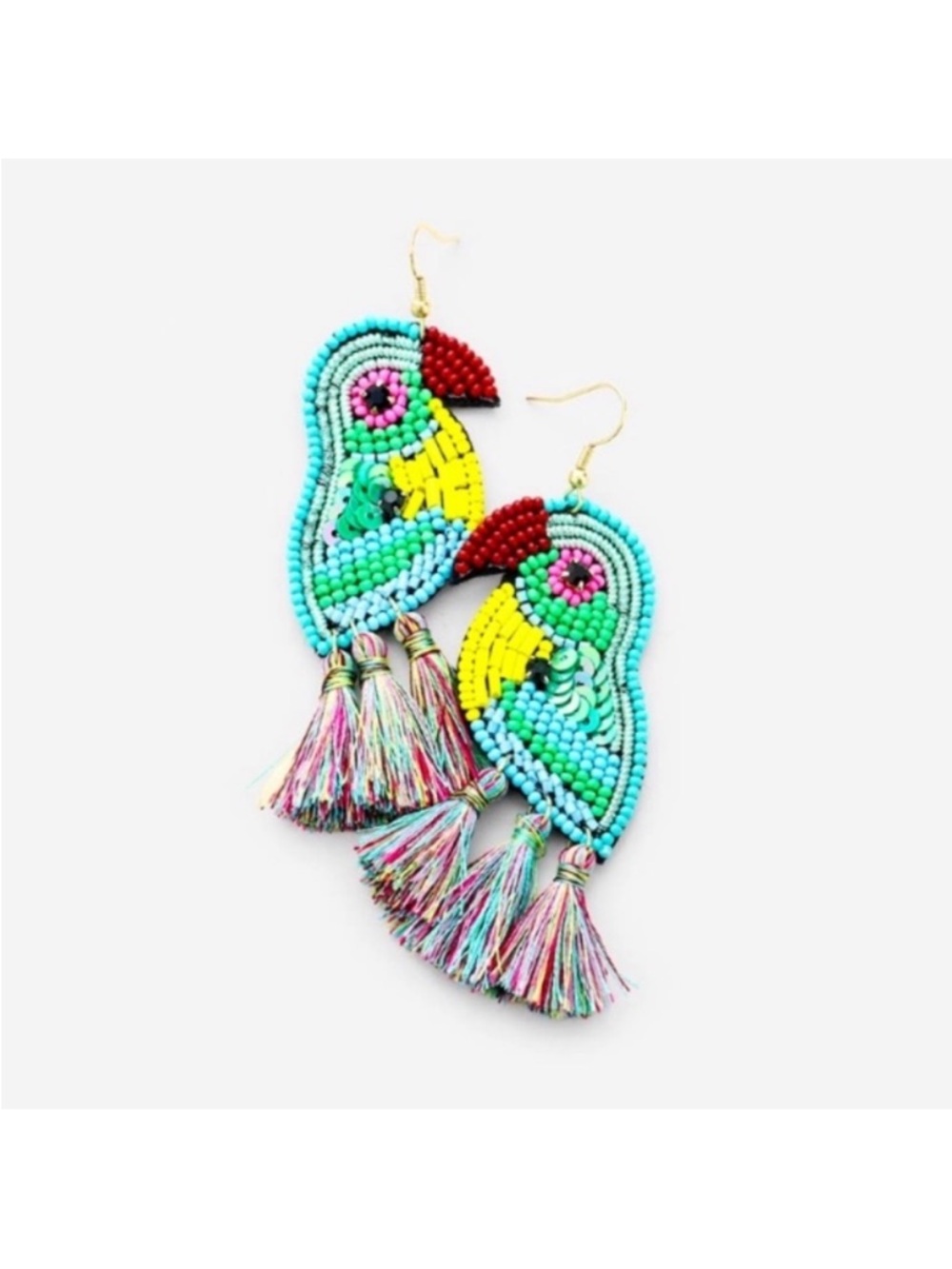 Multi Bead Sequin Parrot Tassel Dangle Earrings Turquoise Multi